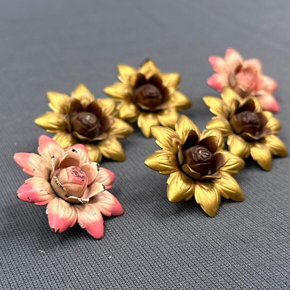 VTG Curtain Tie Backs Floral Push Pin Tack Button Flower Gold Pink Metal Lot 6 - Picture 3 of 14